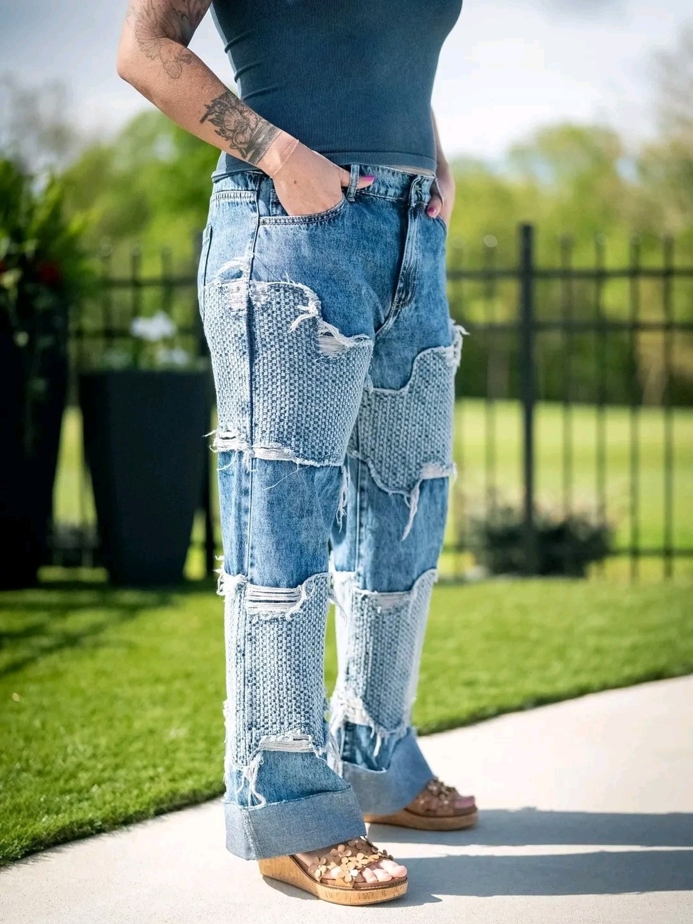 Distressed Patchwork Light Blue Jeans
